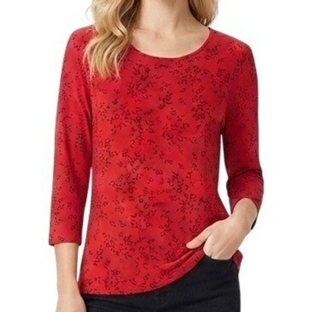 J.‎ Jill Wearever Top Womens Small Red Leaf Print 3/4 Sleeve Scoop Neck Stretch